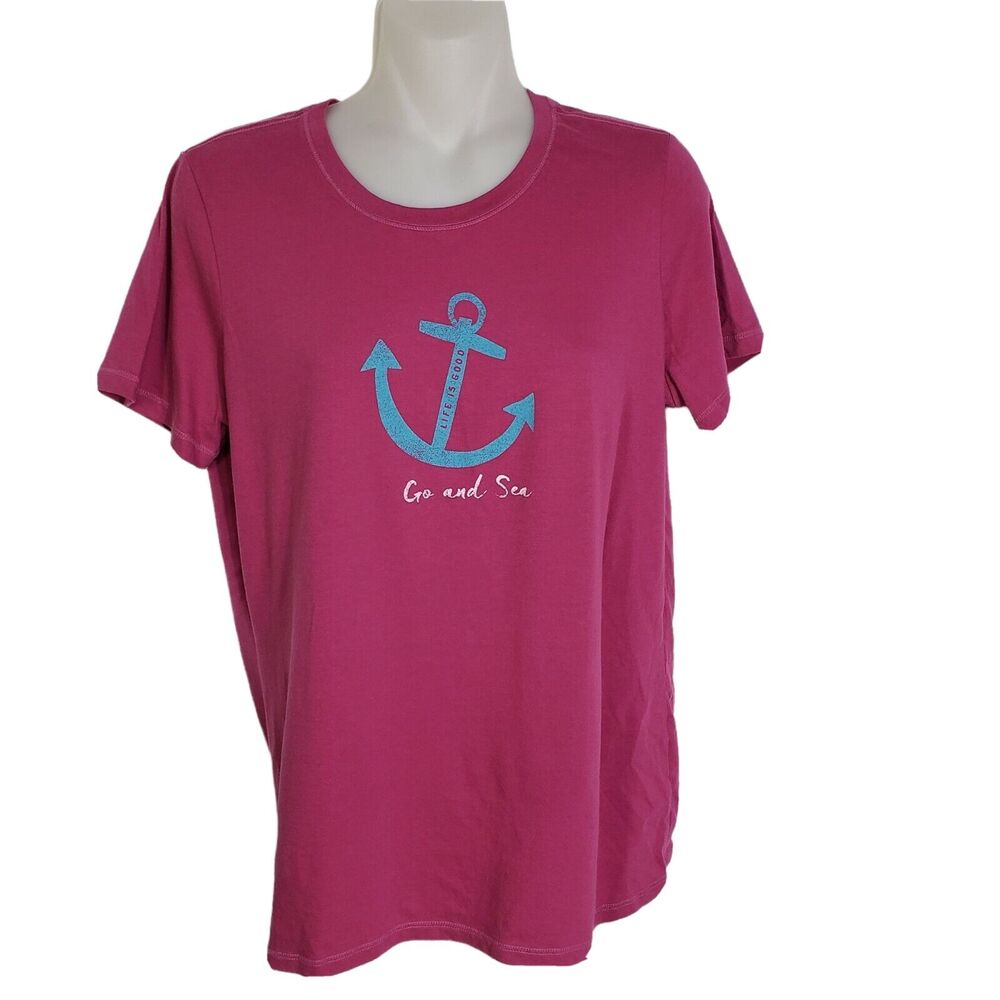 Life Is Good Womens T Shirt Size Small Magenta Go and Sea Short Sleeve Anchor